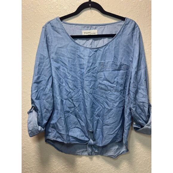 Young Hearts Run Free Cotton Chambray Long Sleeve Tie Front Shirt Top XL #29 - Picture 2 of 7
